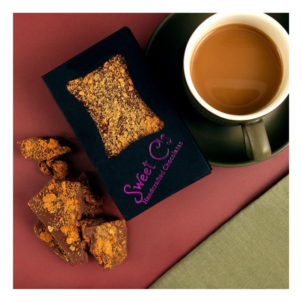 
                  
                    Biscoff Chocolate Bar by Sweet C's Chocolates enjoyed with a cup of tea
                  
                