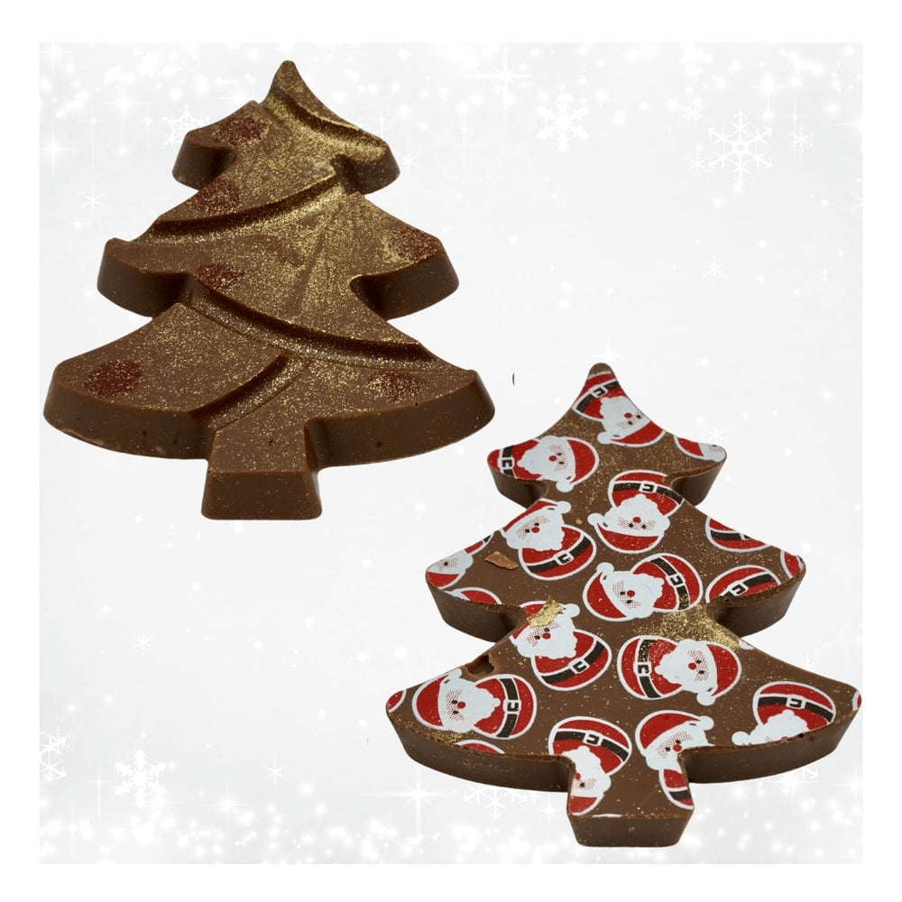 Chocolate Christmas tree-shaped treats with a plain and patterned design on a white background.