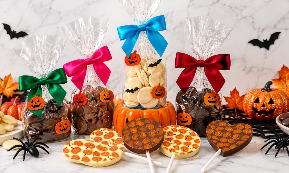 Sweet C's chocolates Hallween treats with bags of milk, dark and white chocolate buttons and chocolate lollies with pumpkin trasnsfers
