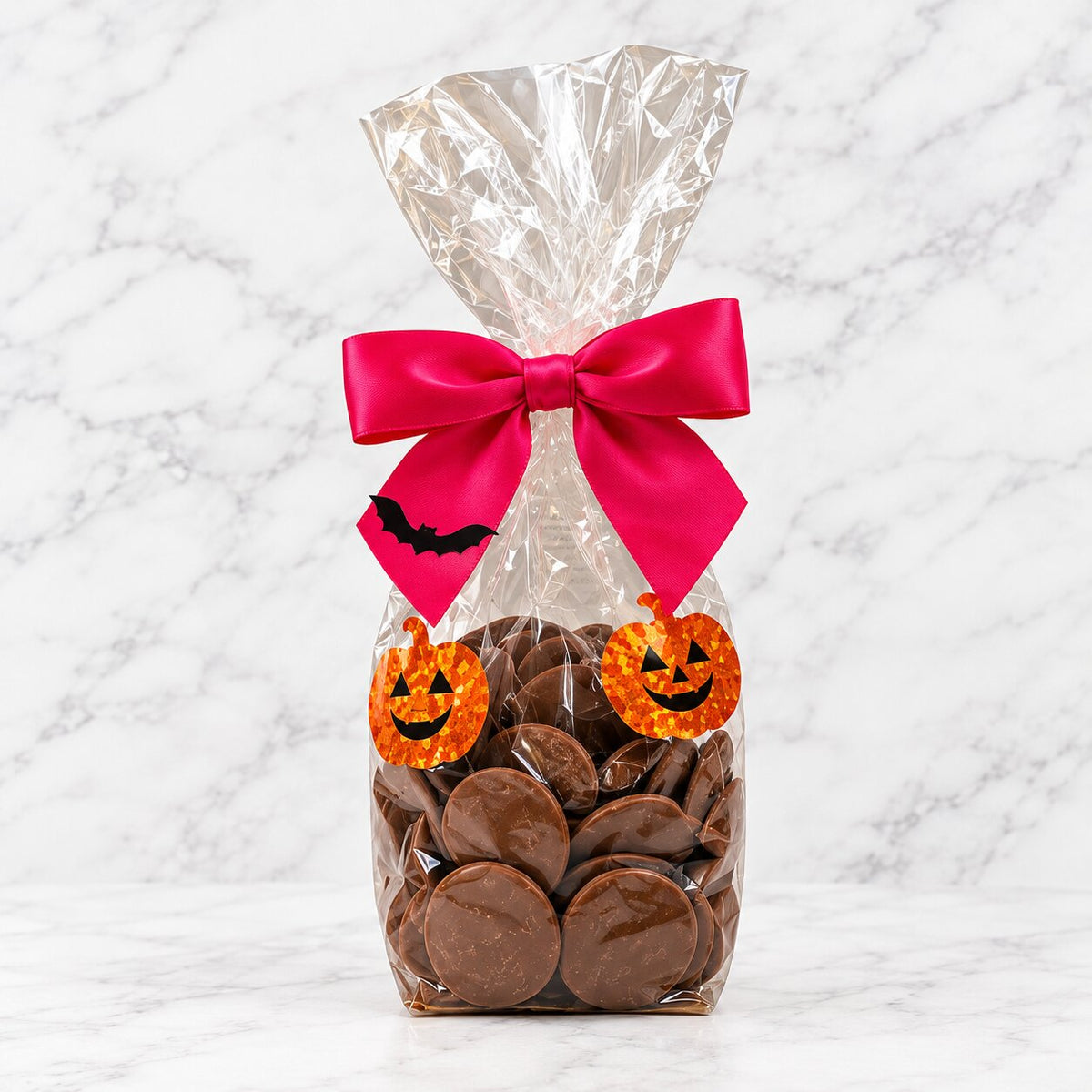 Milk chocolate buttons in a Halloween themed bag