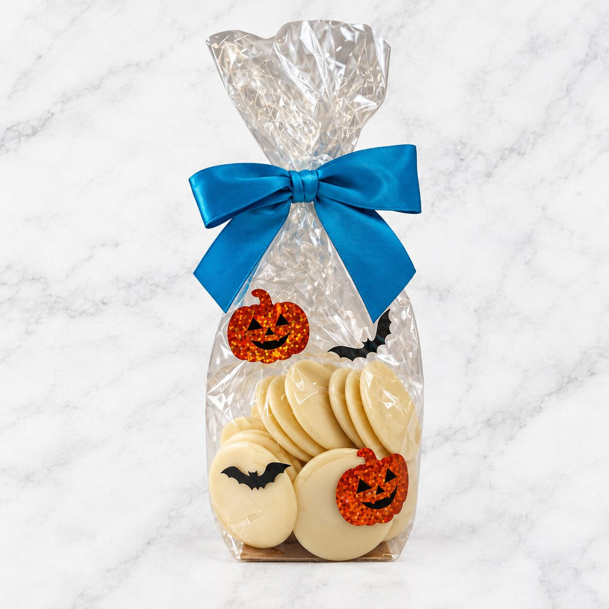 White chocolate buttons in a Halloween themed bag