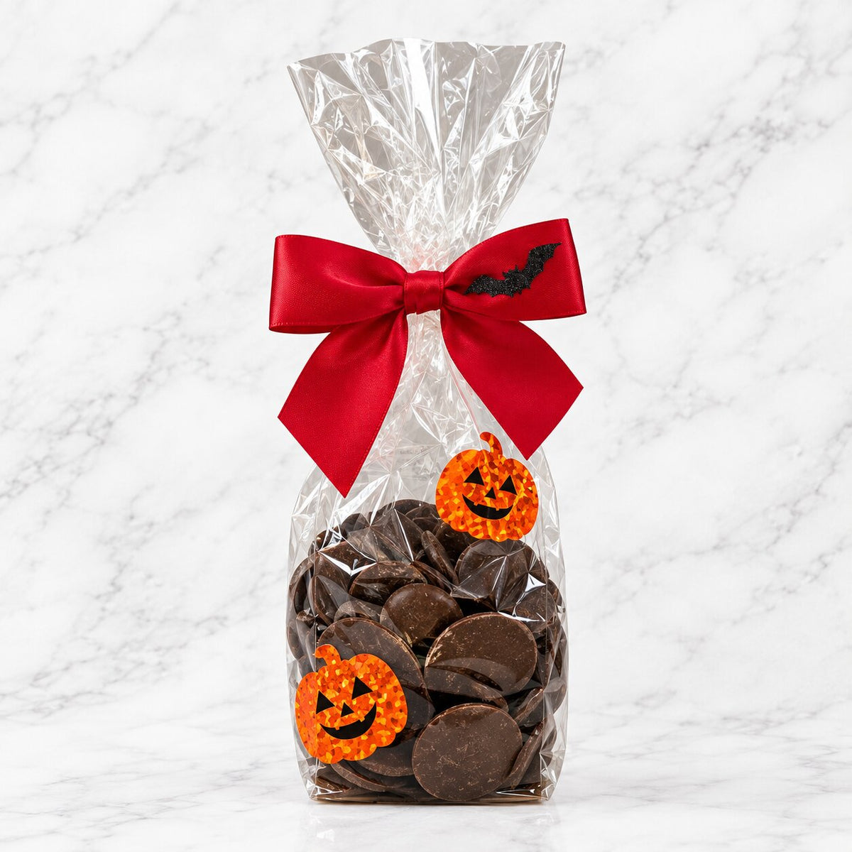 Dark chocolate buttons in a Halloween themed bag