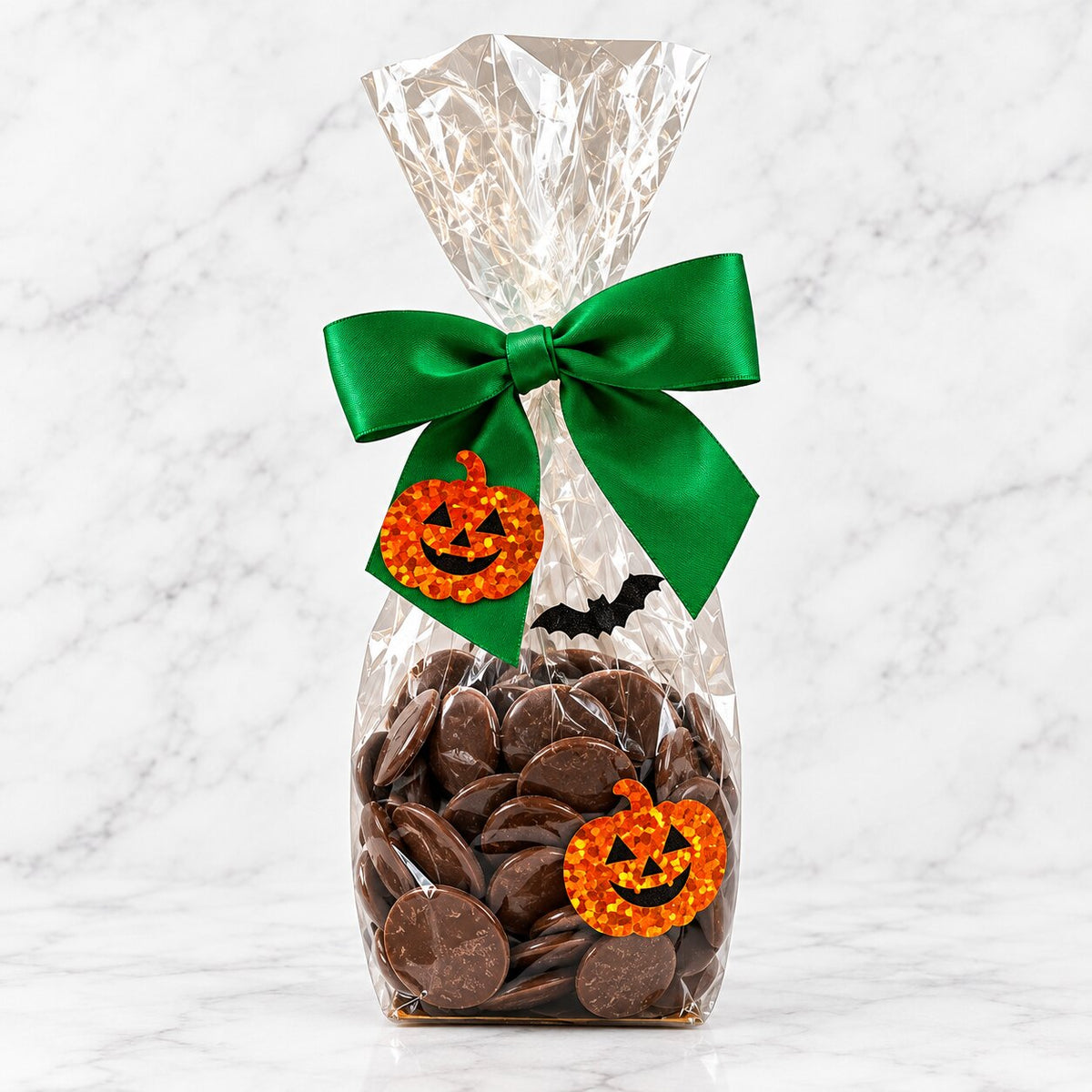 Oat Milk chocolate buttons in a Halloween themed bag