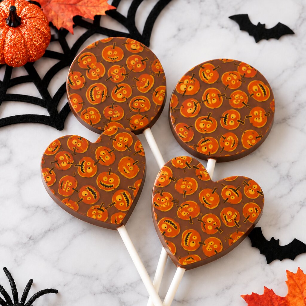 
                  
                    Milk Chocolate Halloween Lollies from Sweet Cs with pumpkin transfers
                  
                
