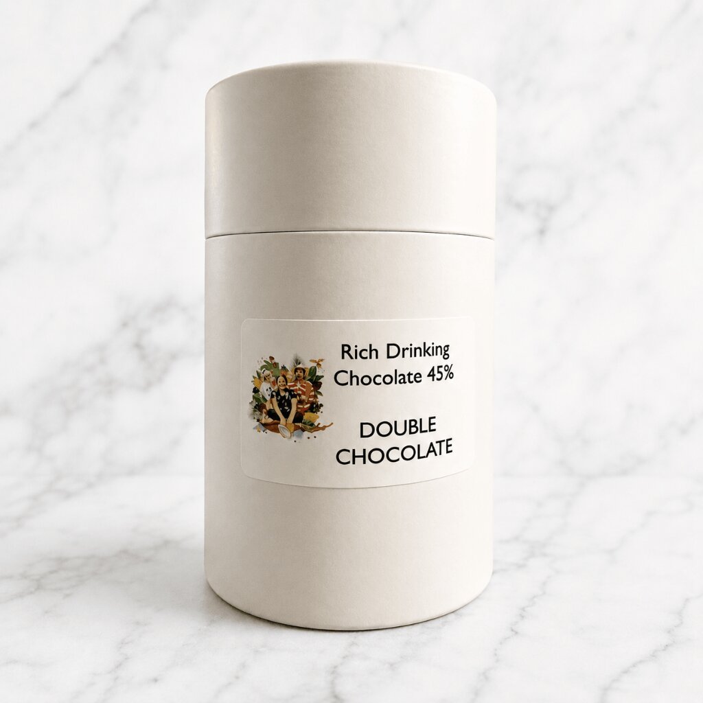 White container of Rich Drinking Chocolate 45% Double Chocolate on a marble background