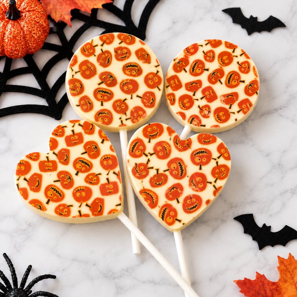 
                  
                    White Chocolate Halloween Lollies from Sweet Cs with pumpkin transfers
                  
                